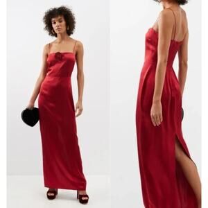 REFORMATION Frankie Silk Maxi Dress in a Vibrant Red with Rosette Size 6